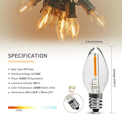 Miniatura 2 de Paquete de 50 bombillas LED C9 de Navidad, bombilla LED C9 de repuesto para cadena de luces de Navidad, base intermedia E17, 2700 K blanco cálido,