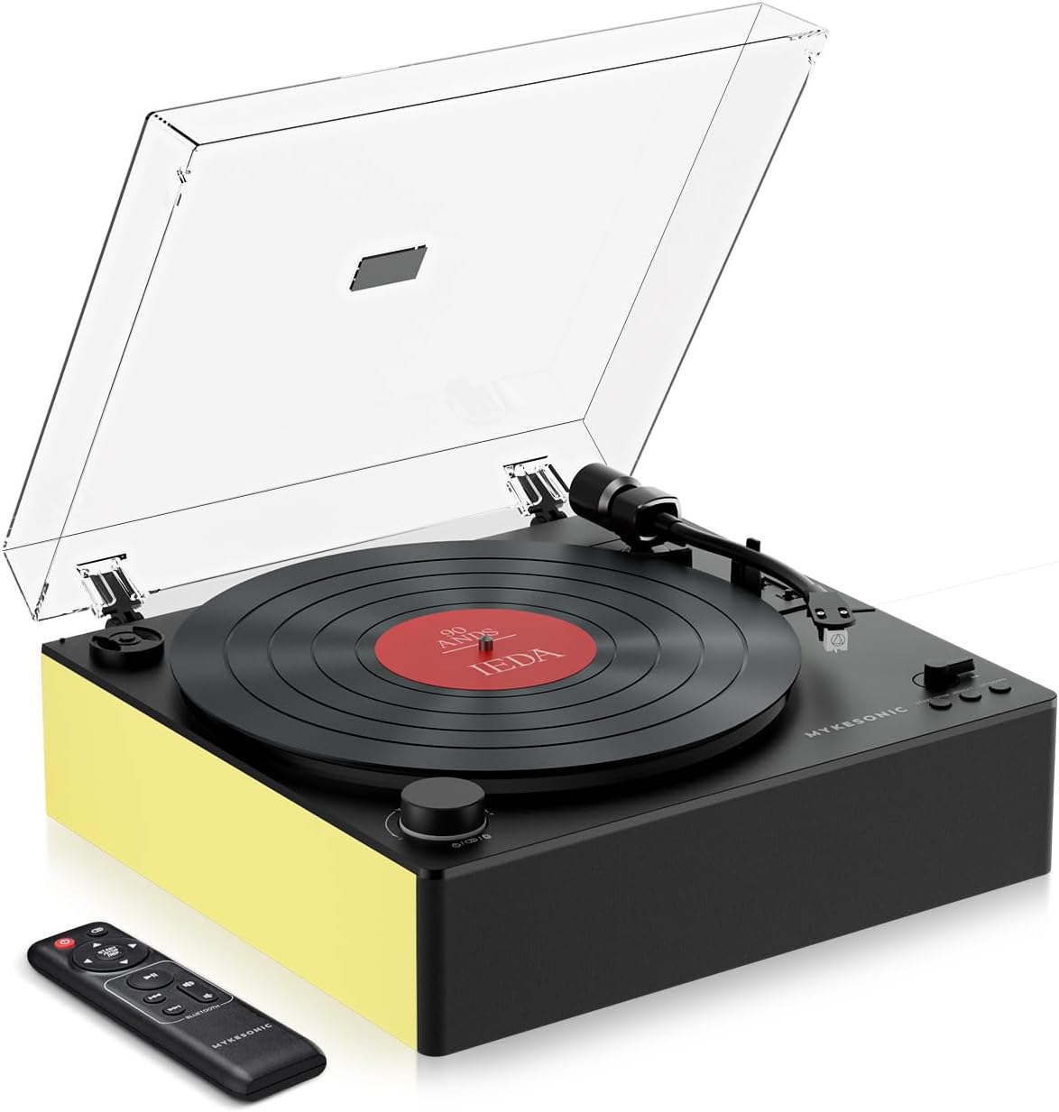 Automatic Record Player, Bluetooth Belt Drive Vinyl Turntable, Magnetic AT-3600L Cartridge, Bluetooth in & Out, Hi-Fi Stereo Speakers, Aux in Headphone, RCA Out with Remote Control (Yellow)