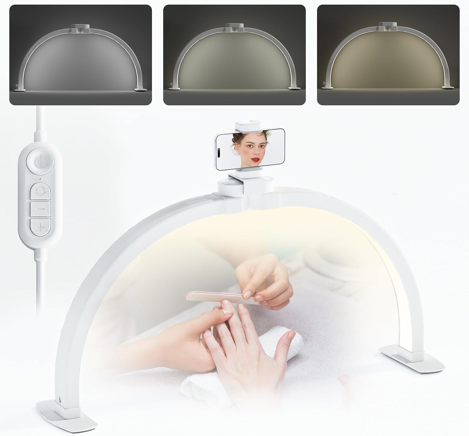 Lampa do paznokci pół księżyca, 23'' 42 W, przedłużająca rzęsy z uchwytem na telefon, lampa biurkowa na półksiężyc dla kosmetyczek, techników paznokci i kosmetyczki, 3000K-6500K (biała, 58 cm)