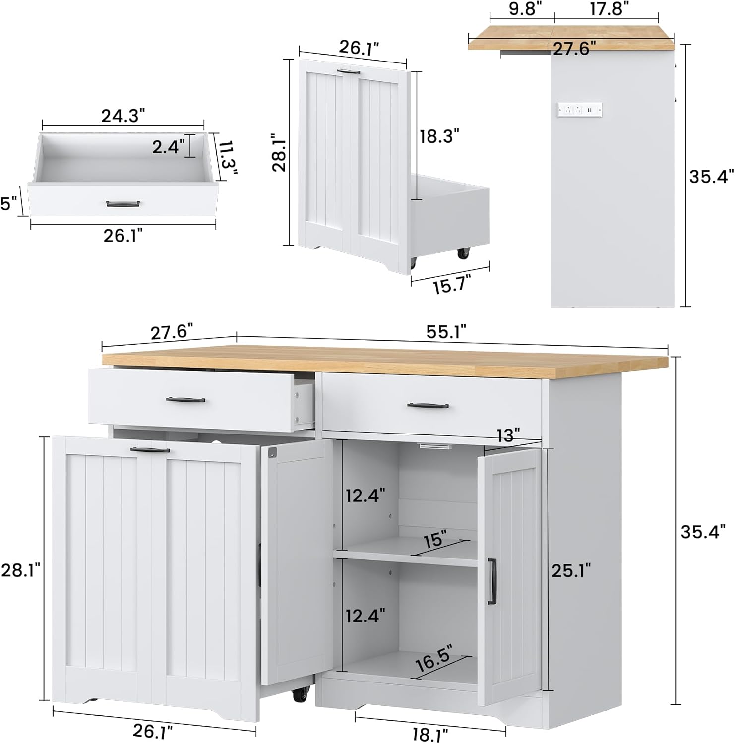 Bigbiglife 55.1" Kitchen Island with Power Outlet & Drop Leaf, Rolling Kitchen Carts with Trash Storage Cabinet, Morden Island Table for Kitchen, Dining Room, Trash Can Cabinet with Hidden Casters