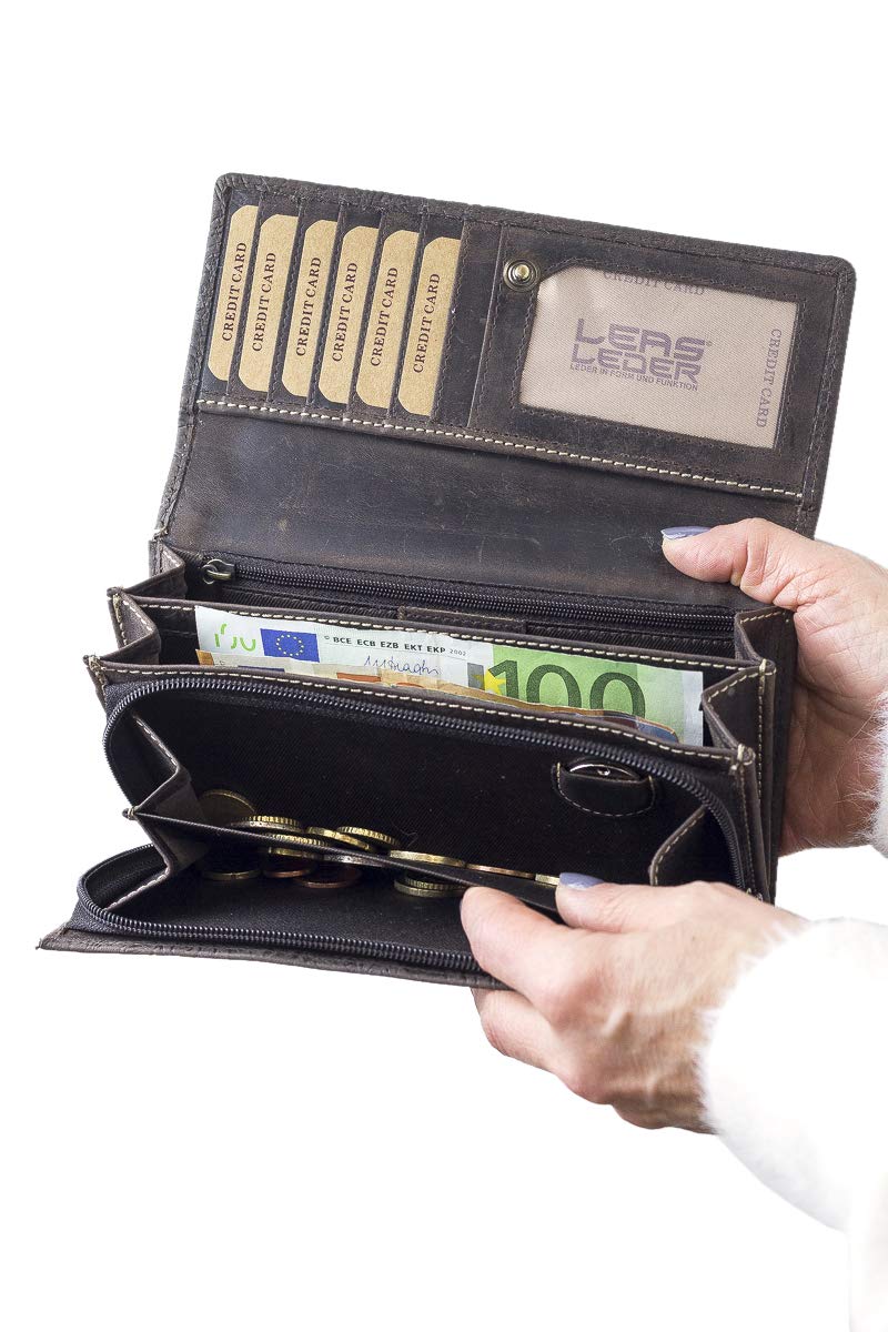 LEAS Große Damenlangbörse Natur RFID Schutz Echt-Leder, Dunkelbraun Vintage-Collection