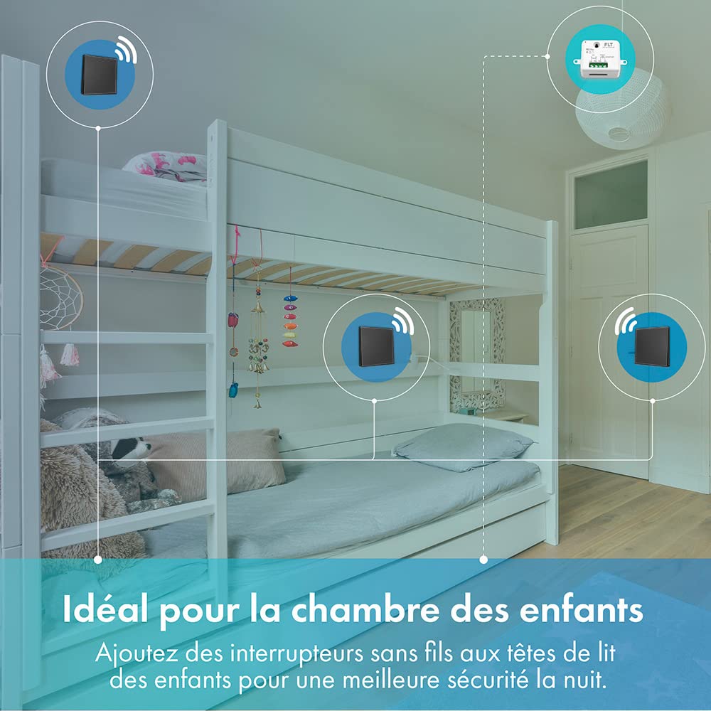 Interrupteur sans fil et sans pile Auto alimenté - Écologique - Qualité Pro - Va et vient RF 4 télécommande mural + 1 relais radio encastrable - Longue Distance - Intérieur Extérieur IP64