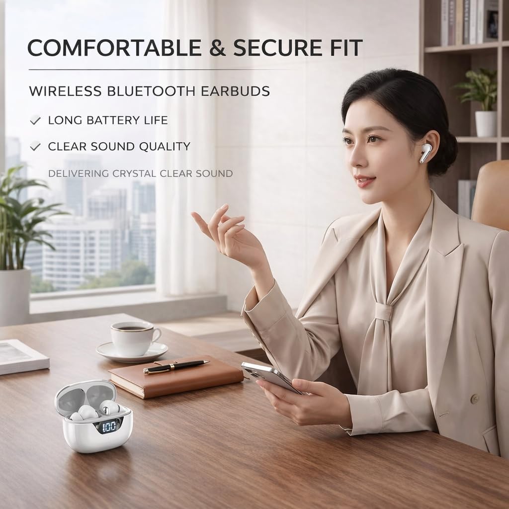 Wireless Earbuds Bluetooth 5.3, 48H Playtime LED Power Display, IPX7 Waterproof Stereo Earphones in-Ear Bluetooth Headphones Noise Cancelling Mic for Sports,Phone,Tablet,Laptop(White) - Image 3