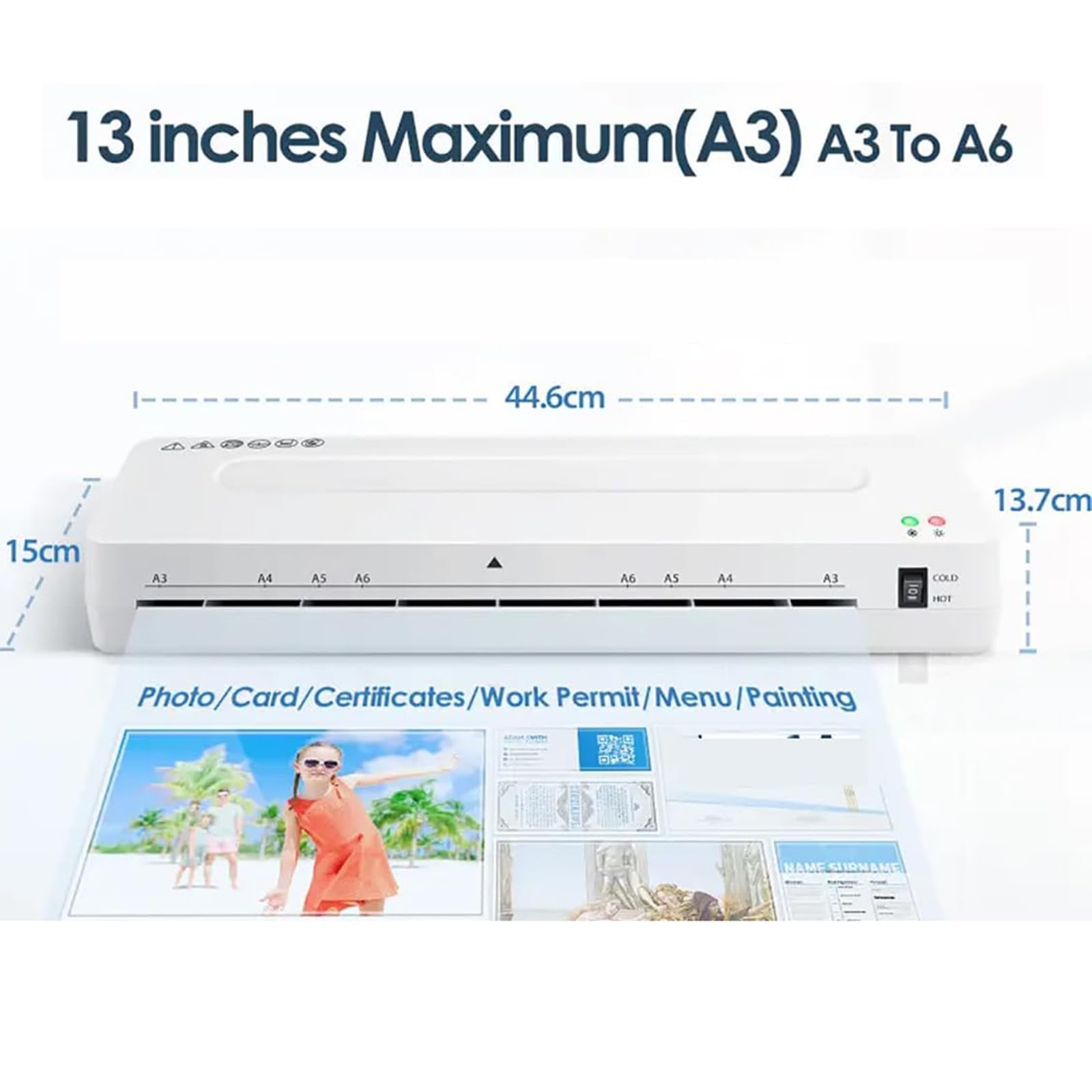 Laminator A3, 13-calowa maszyna do laminowania termicznego z ustawieniami na gorąco i na zimno, laminator ABS z zabezpieczeniem przed zacięciem, zawiera zaokrąglacz narożników i przycinarkę do papieru