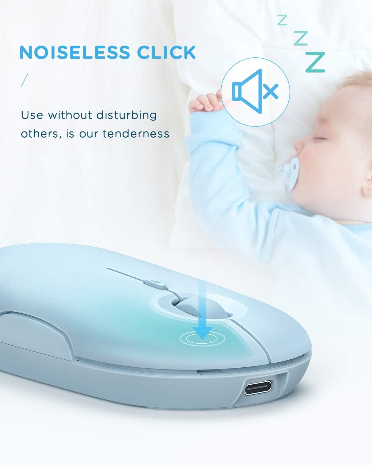 Rechargeable Bluetooth Mouse , seenda Wireless Dual Mode Mouse , 3 Adjustable DPI, USB-Type-C Cordless Mouse for iPad OS 13, MacBook, PC, Chromebook, PS4 Pro, PS5 (Baby Blue)