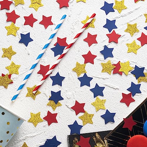 Image of MOWO Gold Blue and Red Star Confetti Table Decoration, 1.2'', 200pc | 4th July Graduation Retirement Theme Party, birthday, wedding
