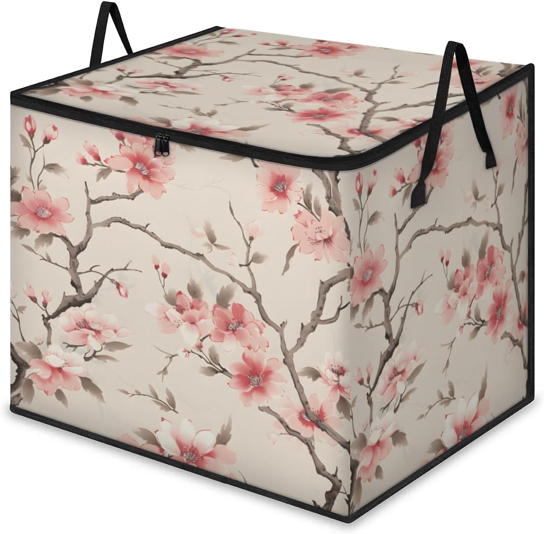 Honeybaby 214L Extra Large Comforter Storage Bag Blossoms Printed Cherry Storage Totes with Lids Waterproof Closet Organizer Folding Blanket Storage Bags for Clothes Bedding Pillows