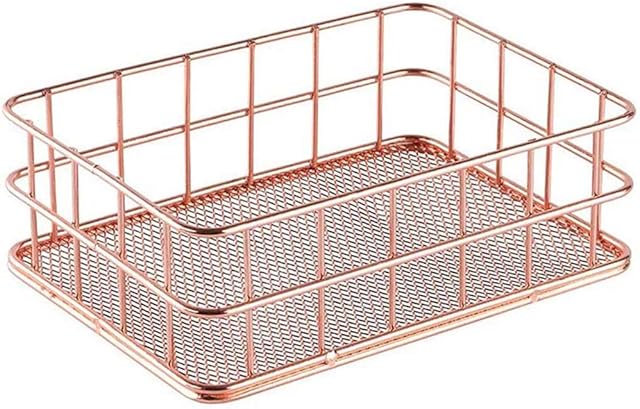 Zdlagiic Metal Storage Baskets Rose Gold Organizer Bins, Desktop Finishing Wrought Iron Storage Basket,toiletries Storage Basket, Multi Purpose Desktop Storage for Office,bedroom