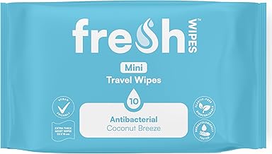 FreshWipes Mini Antibacterial Body Wipes for Adults 1 Pack (10 Wipes) - Biodegradable Wet-Wipes - Dermatologically Tested & Suitable for the Elderly or Disabled - Great for Camping (Coconut Breeze)