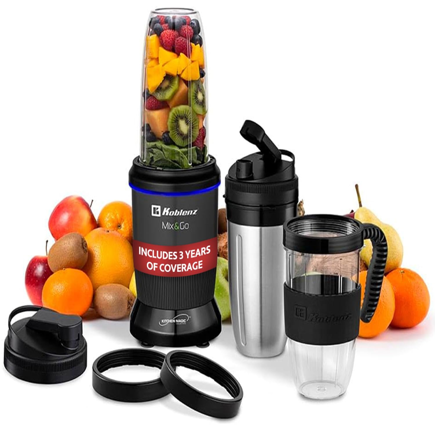 Koblenz Mix&Go Personal Blender, Portable Size Blender for Shakes and Smoothies, 1000w Motor, Includes Stainless Steel To-Go Cup and Tritan To-Go Cup, 12 Accessory Kit, Grey