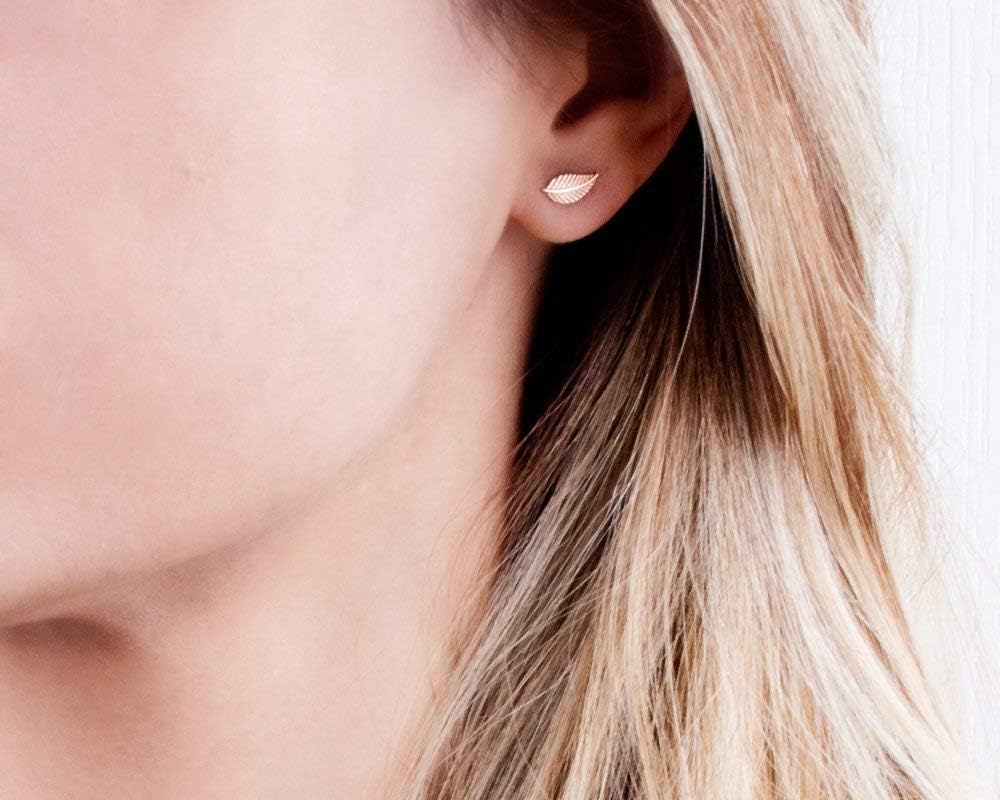 Tiny Delicate Leaf Earrings – Dainty Rose Gold Earrings for Women – Minimalist Lightweight Stud Earrings – Nature-Inspired Jewelry Gift (rose gold plated)