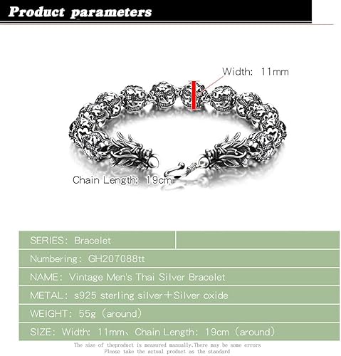 Miniatura 2 de Dankadi Pulsera de plata vintage para hombre, pulsera creativa de plata de ley 925 con dragón de 0.433 in, cadena de cuentas de 7-8-9-10 pulgadas