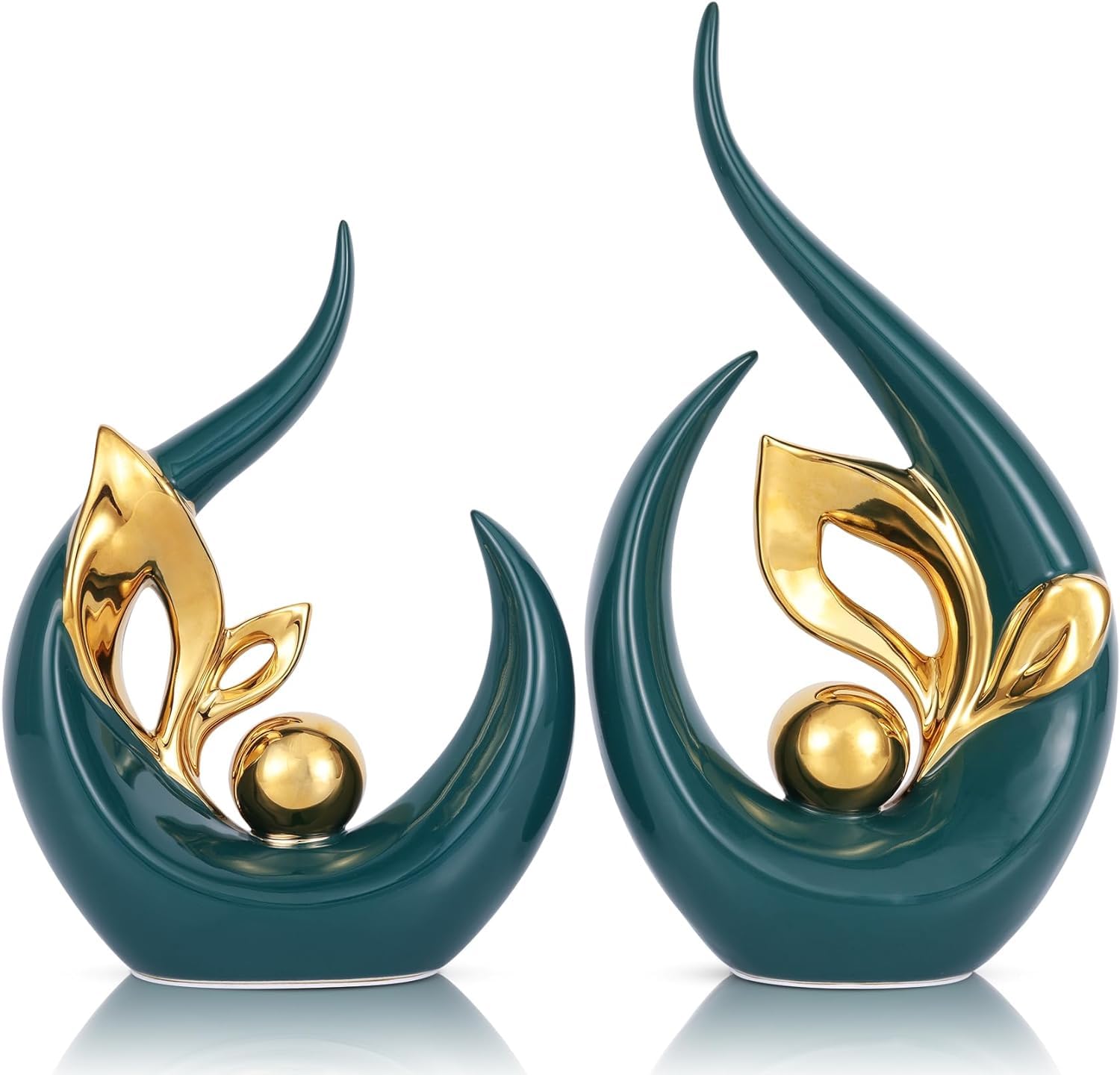 VOIDROPCeramic Abstract Leaf Statue 2 Piece Set, Modern Art Home Decor,Decorative Aesthetics, Dining Table Centerpiece, Living Room Console, Entryway Table Decoration (Green Gold, Set of 2)