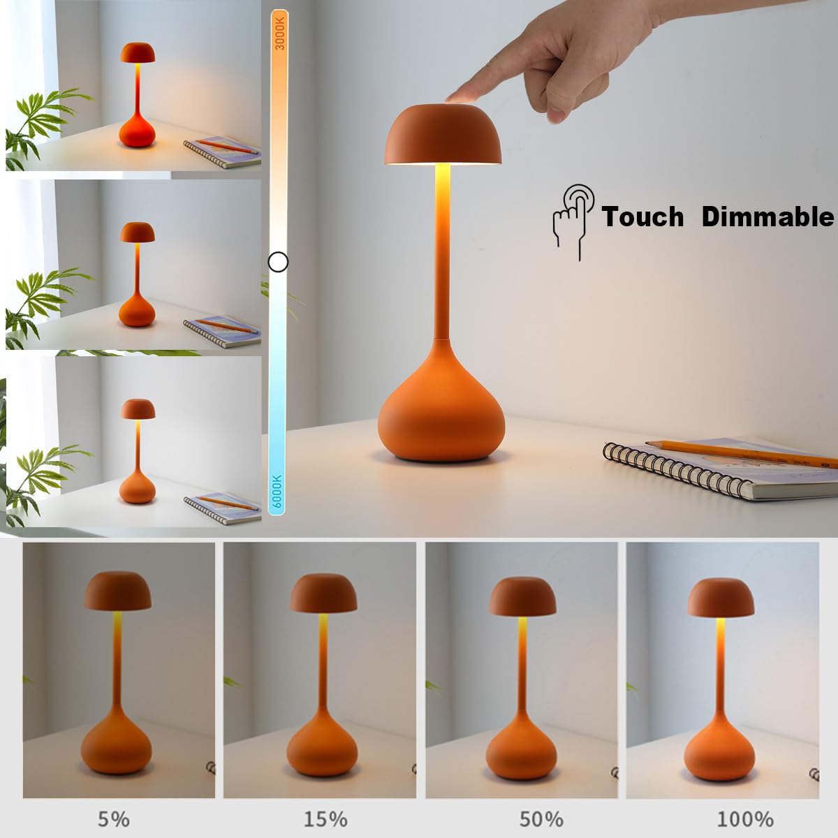 EaEa LED Tischlampe Kabellos Dimmbar Akku Lampe mit Touch Control, Vaseform Tischleuchte USB Aufladbar 3000k-6000k Moderne Dekorative ohne Kabel Nachttischlampe, für Restaurant, Schlafzimmer,Grau