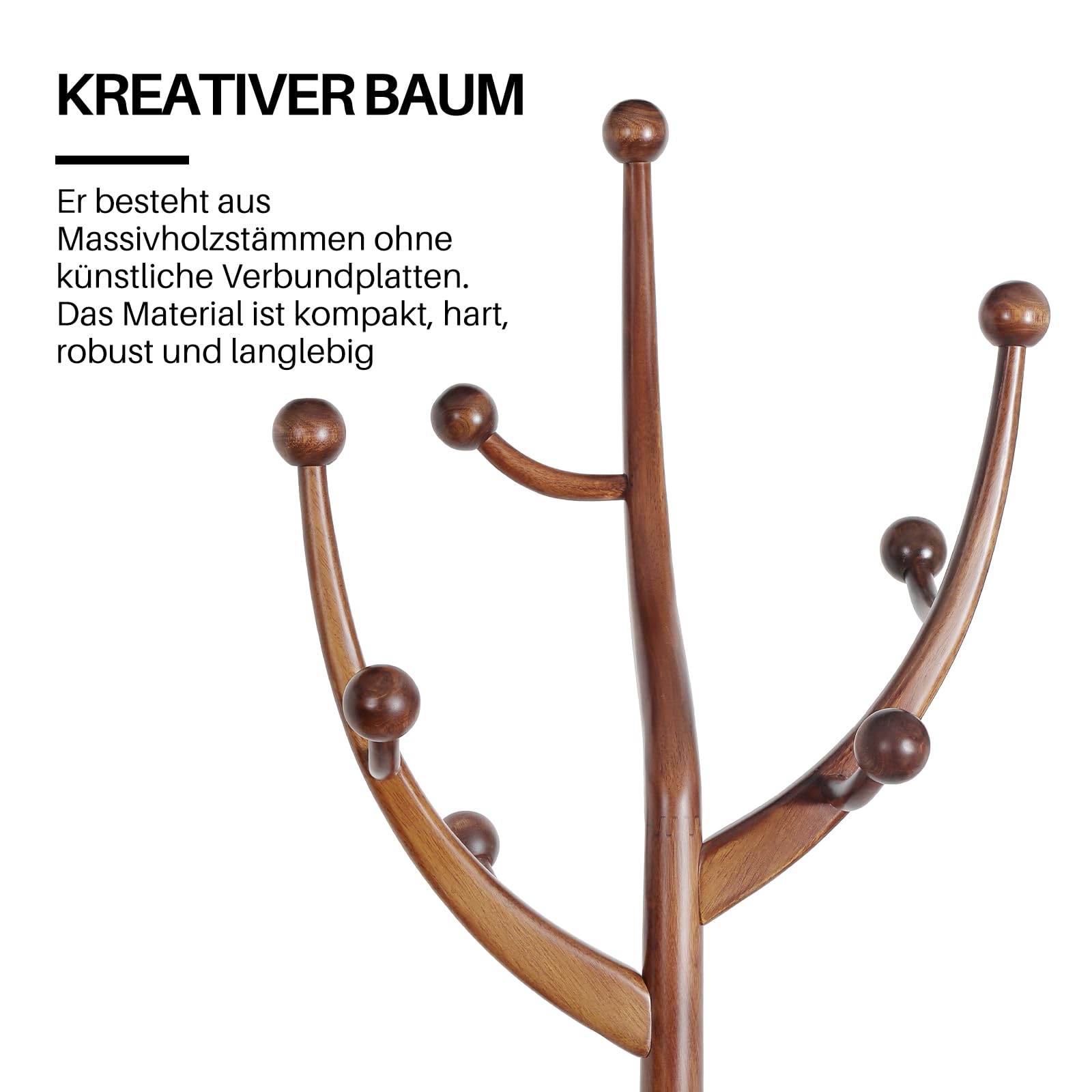 Bekrvio Porte Manteau sur Pied 180cm en Bois Massif 180cm, Brun Noyer | 8 Crochets Robustes, Bois D'hévéa Massif Premium, Base Large et Stable de 50 cm, Design Arbre Ingénieux et Fonctionnel