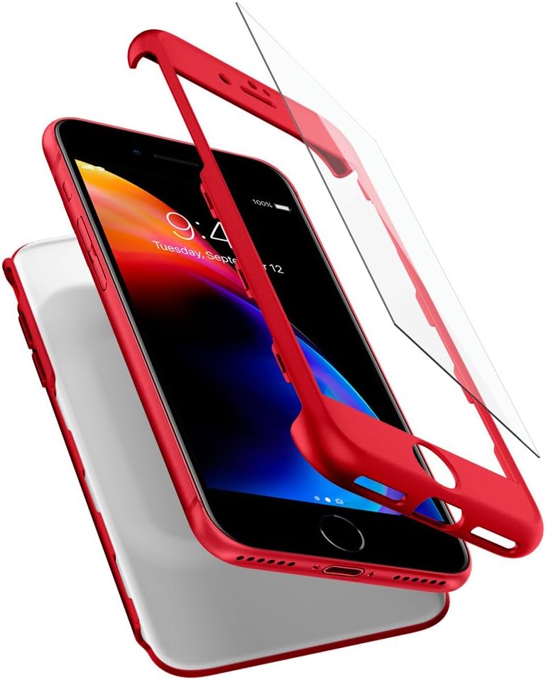 Spigen Thin Fit 360 iPhone 7/8 Case with Exact Slim Full Body Protection and 2 Packs of Tempered Glass Screen Protector for iPhone 7/8 - Red