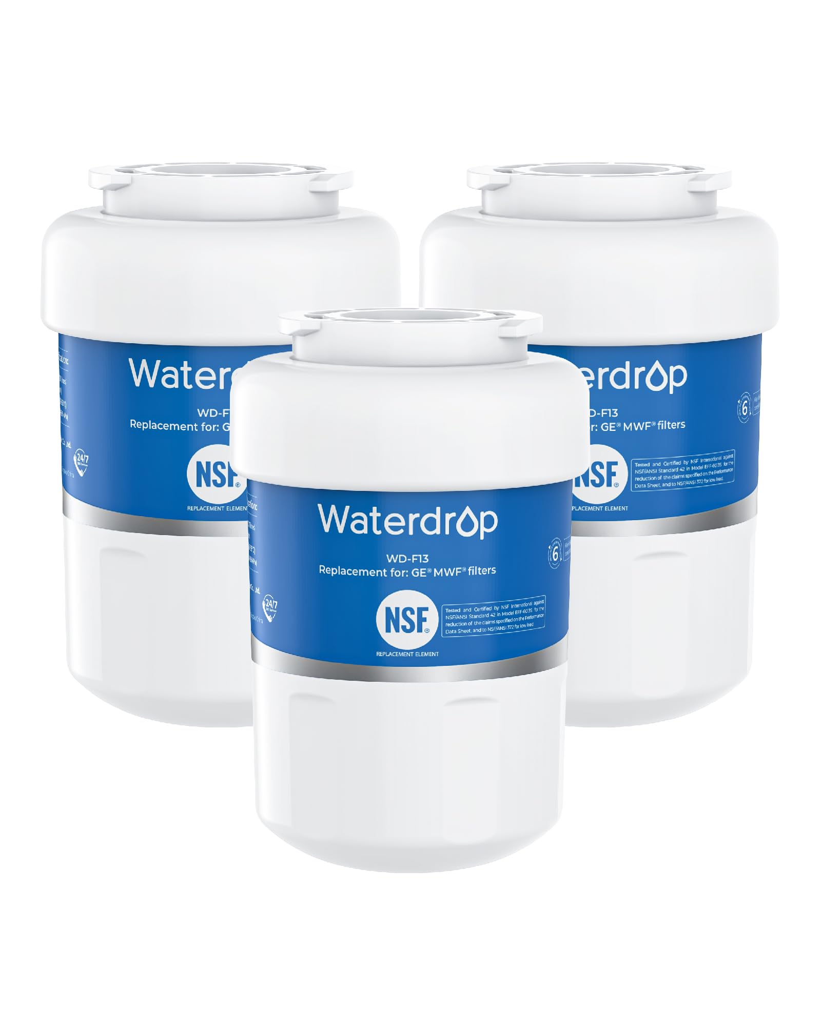Waterdrop WD-F13 Replacement for GE® MWF®, SmartWater® MWFP, MWFINT, MWFA, GWF, HDX FMG-1, Kenmore® 9991, GSE25GSHECSS, WFC1201 Water Filter, 3 Pack