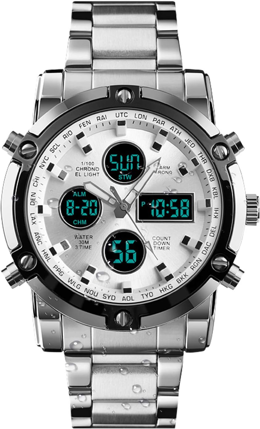 BHGWR Mens Analogue Digital Watch - Men Military Sport Watch with Alarm/Dual Time/Countdown/Stopwatch, Big Face Daily Waterproof Stainless Steel Wrist Watch for Man Silver (S-Silver)