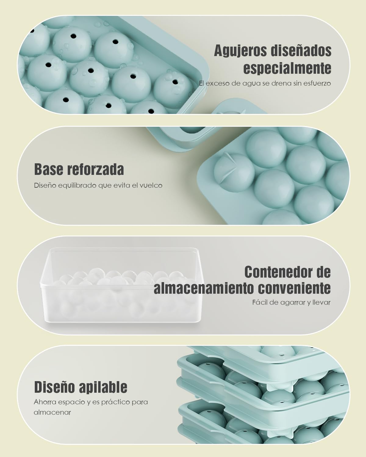 Cubiteras para Hielo Redondos con Tapa - Set de 3 Bandejas Apilables Molde Hielo Bolas para Whisky