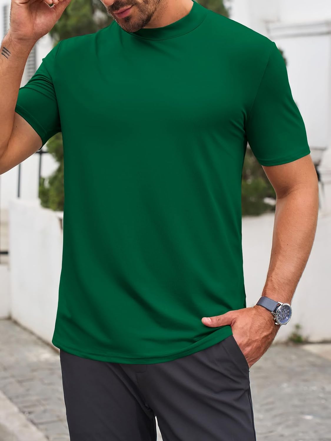 Makkrom Mens Mock Turtleneck T-Shirts Summer Short Sleeve Basic Tees Casual Solid Pullover Tops - Image 2