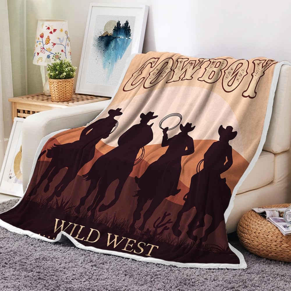Viajar Cowboy Throw Blanket, Western Country Cowboy Riding Horse in Wild West Fleece Throw