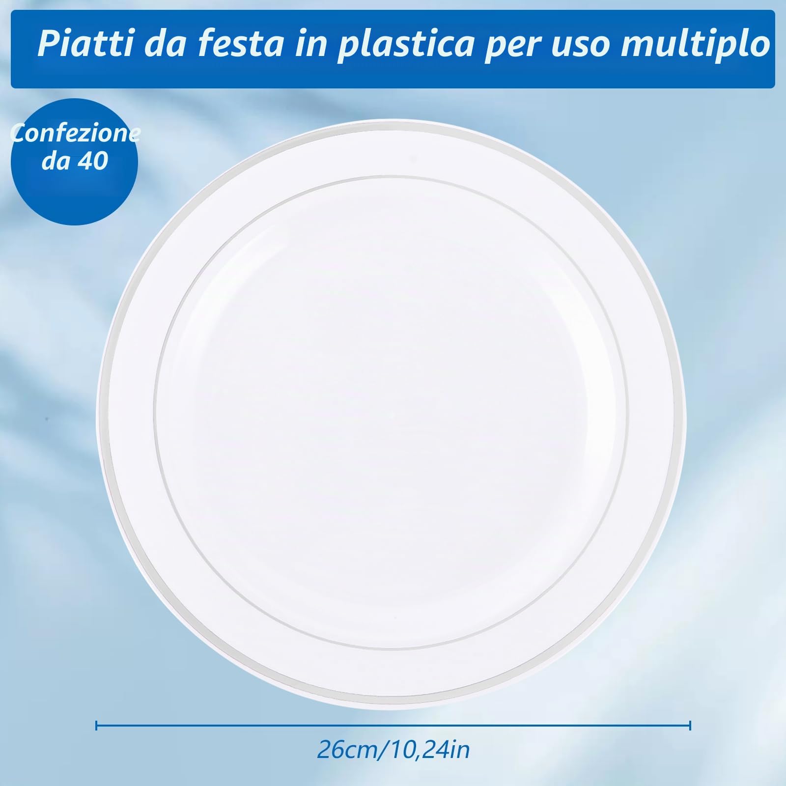 Set di 40 piatti di plastica bianchi, 26 cm, riutilizzabili, con bordo argentato, per matrimoni, compleanni, feste