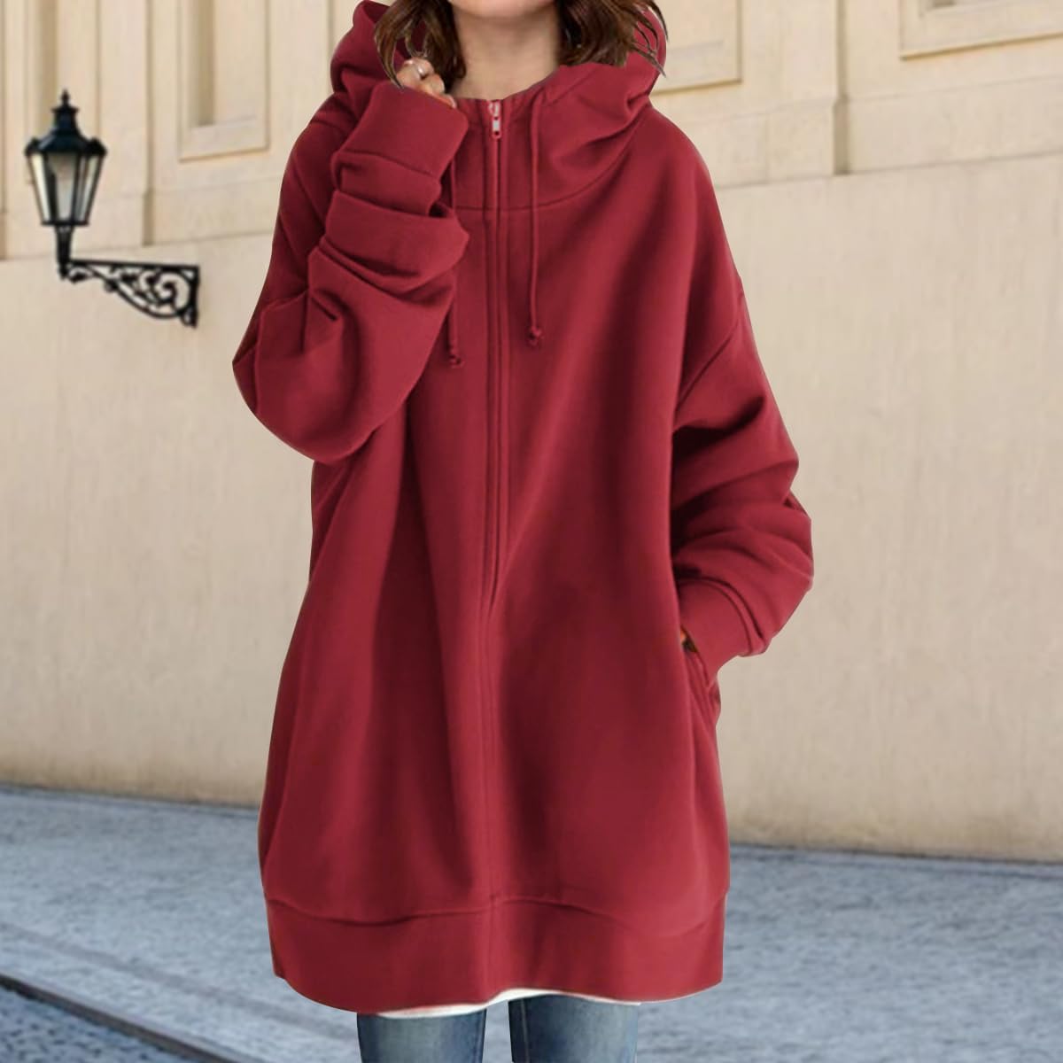 Zip Up Long Hoodies for Women Warm Fleece Jacket Fashion Long Sleeve Solid Sweatshirts with Pockets - Image 4