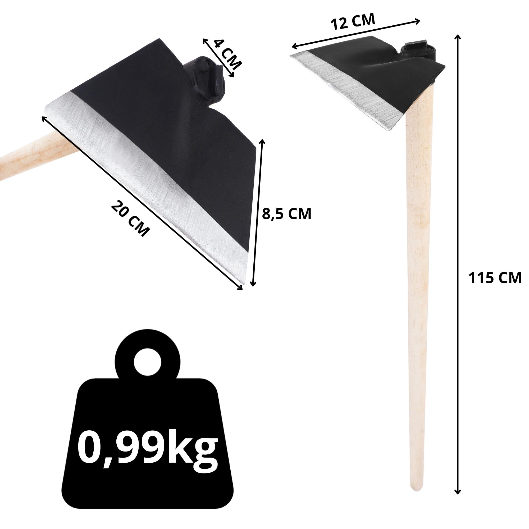 Gartenhacke mit Zinken – Rechteckige, geschmiedete Hacke (schwarz) mit 110 cm Holzstiel (Gesamtlänge 115 cm) – Für Erde lockern, lüften & Unkraut entfernen