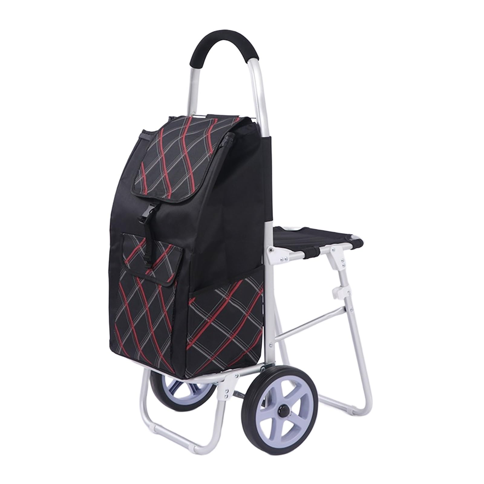 Zusammenklappbarer Einkaufswagen mit Sitz, kompakter Einkaufswagen, Treppensteig-Design, 100 kg Kapazität, leichter Allzweckwagen für Senioren, tragbar und faltbar, schwarzes Rad