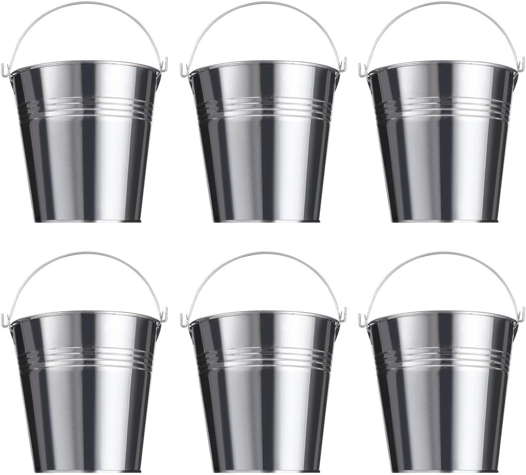 Small Tin Metal Bucket - Multi-functional Tin Pail for Flowers Chips Vintage, Summer Party Supplies, 6 Pieces, 10 cm