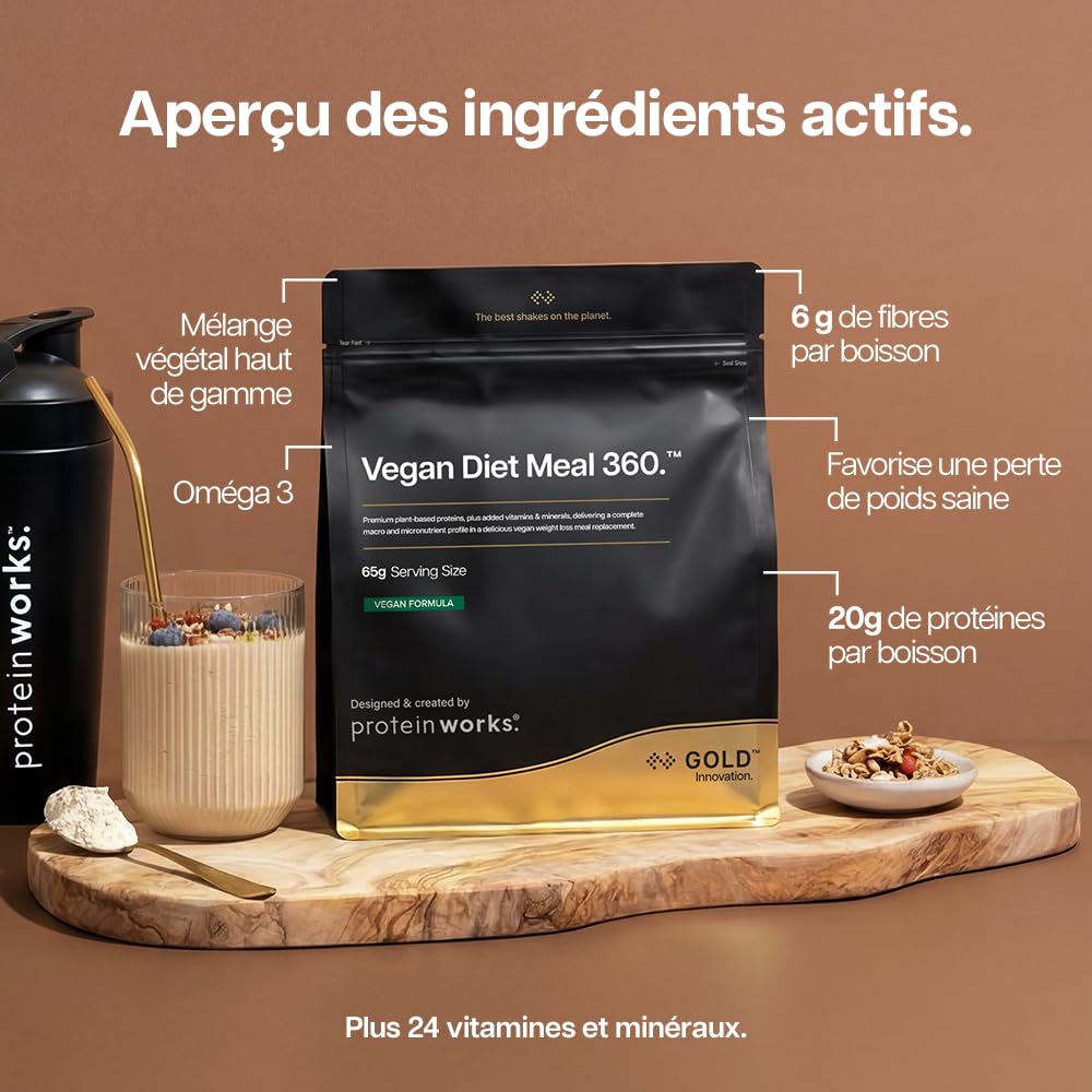 Protein Works | Vegan Diet Meal 360 – GOLD Innovation, Protéines Vegan, Shake Sostitutif Repas Dietétique, Supporte Perte de Poids, Faible Sucre, Riche en Fibres, Chocolat Onctueux, 15 Repas, 1kg