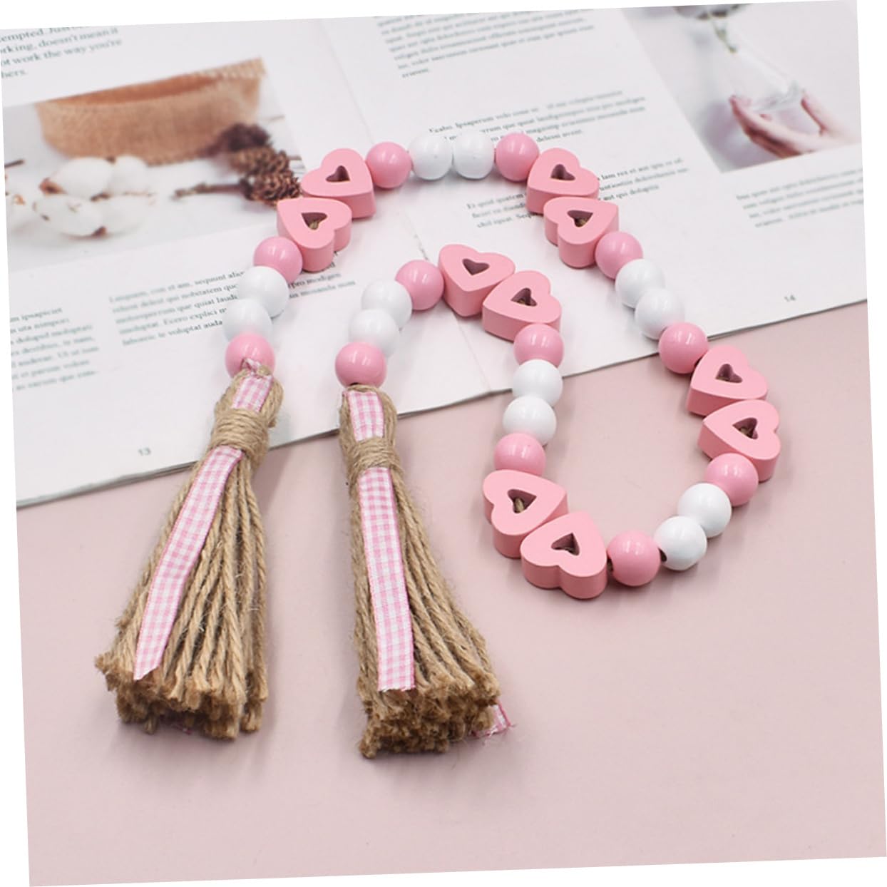 Zerodeko 5piezas Guirnalda De Cuentas De Madera con Borlas De Yute para Decoración De San Valentín Adornos Colgantes para Interiores y Exteriores para Paredes Ventanas y Jardines