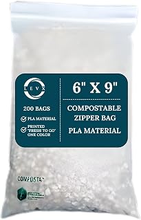 LEVX 6" X 9" Compostable Zipper Bags 2 Mil (Pack of 200) Translucent PLA Reclosable Storage Bags ASTM D6400 Certified Eco-Friendly Food Safe Resealable Bags