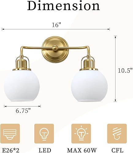 Miniatura 2 de BD045-2-G - Lámpara de tocador de baño de 16 pulgadas, 2 luces doradas cepilladas, montaje en pared moderno con pantalla de vidrio de globo blanco