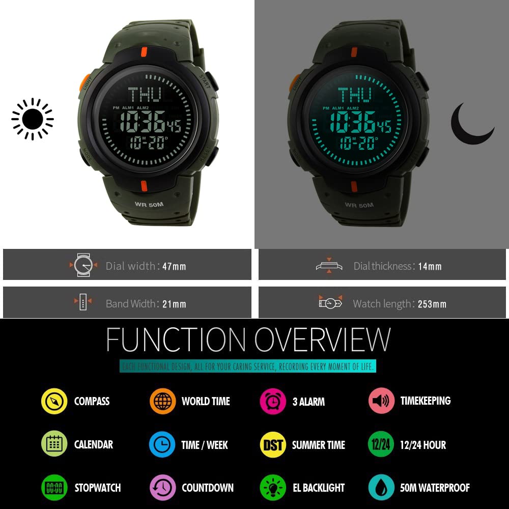 Multifuncional Deportivo Digitales LED Electrónica Brújula Relojes de Pulsera de Hombre 50M Impermeable Alarma Doble Tiempo Outdoor Militar Tácticas Plástico Reloj