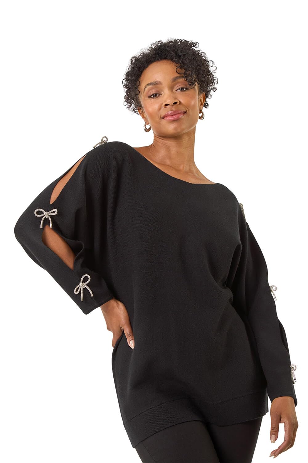 Roman Petite Bow Trim Sleeve Knit Jumper for Women UK - Ladies Everyday Autumn Winter Round Neckline Comfy Soft Evening Vacation Work Party Night Out - Petite Black - Size 12