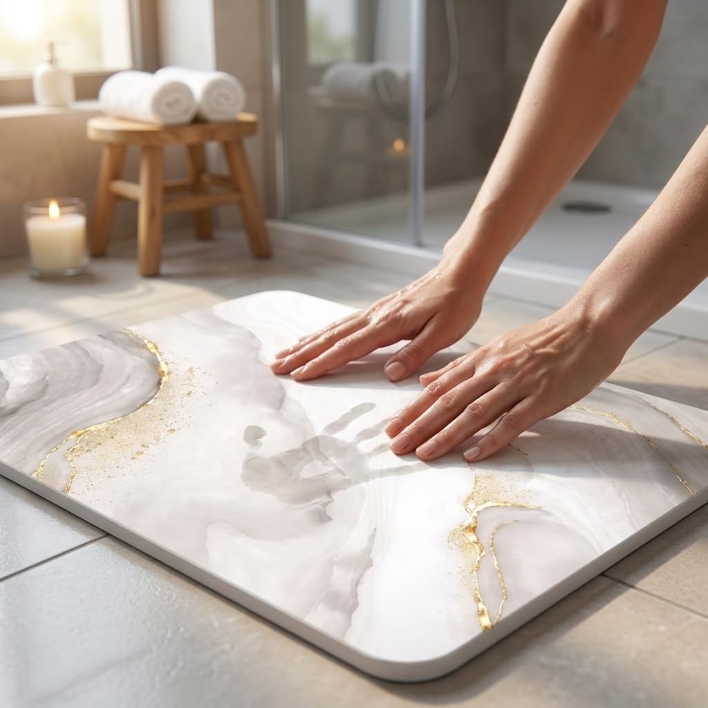 Tappeto diatomite bagno (60 x 40 cm) - Pietra assorbente ad asciugatura istantanea, antibatterico e antiscivolo, per doccia e cucina, effetto marmo avorio