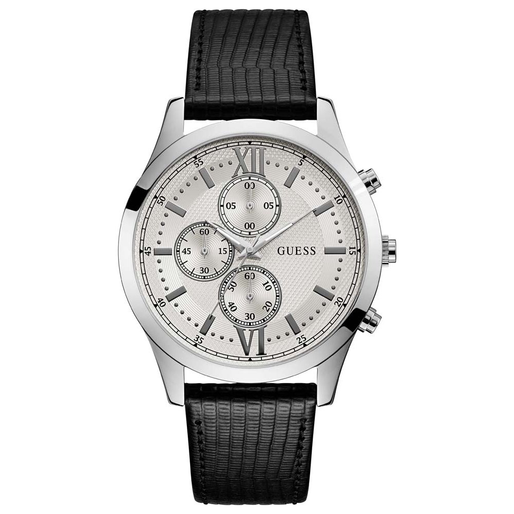 GUESS W0876G4 Hudson Men's Chronograph Watch with black leather strap and silver dial