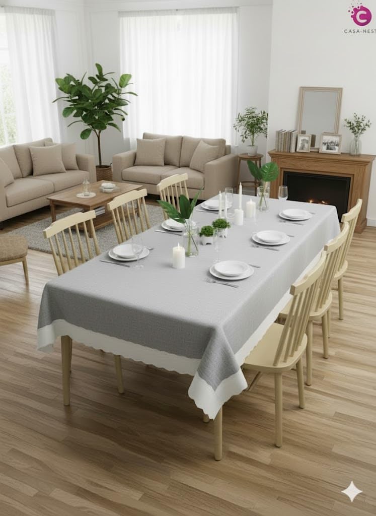 CASA-NEST Rectangular Anti-Slip PVC Solid Plain White Lace (54x78 inch) 6 Seater Centre Table Cover with Exclusive Backing material-grey-printed0002(Polyester, Pack of 1)