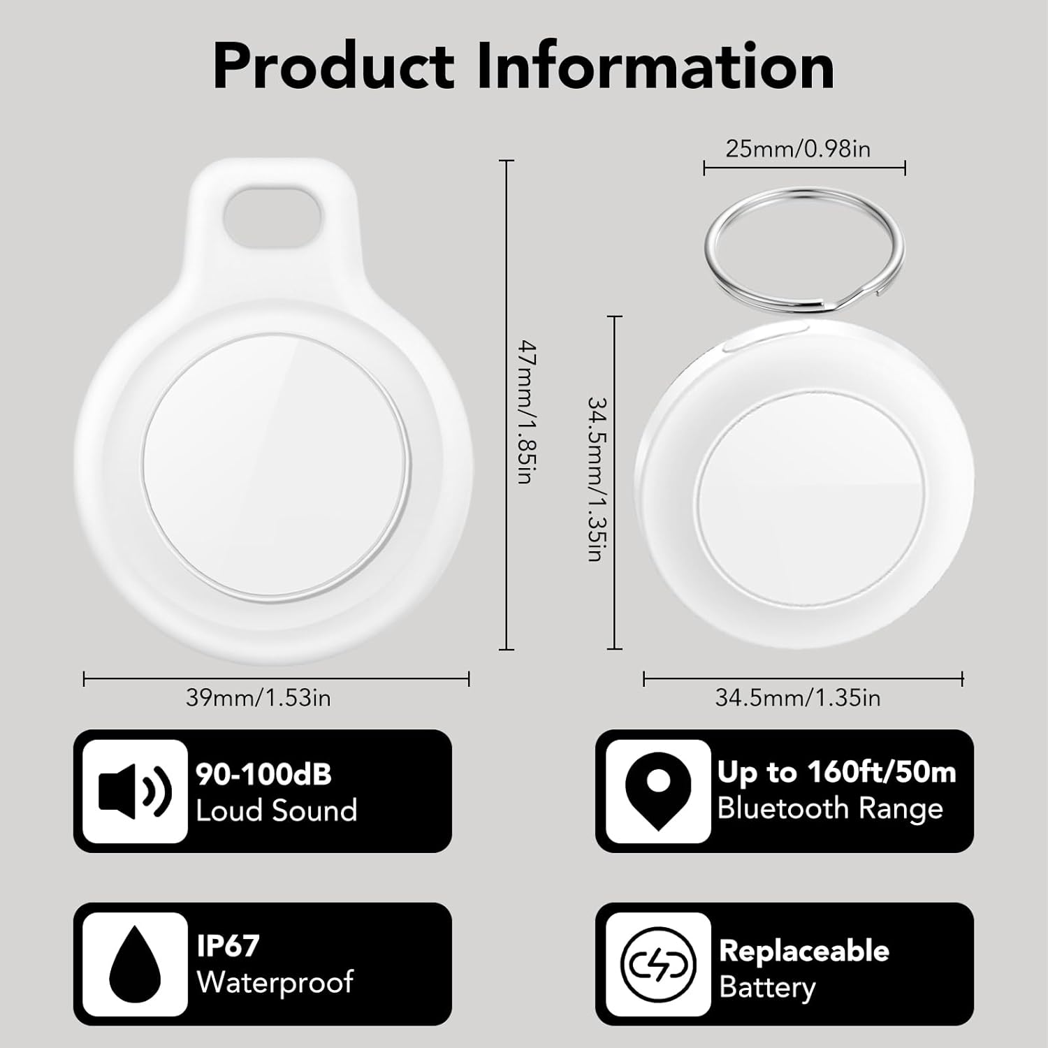 Air Tracker Tag-2 Pack, Smart Bluetooth Tracker for Apple Find My (iOS Only), IP67 Waterproof Tracker with Keychain, Item Finder and GPS Finder for Keys, Luggage, Wallet, etc, Replaceable Battery