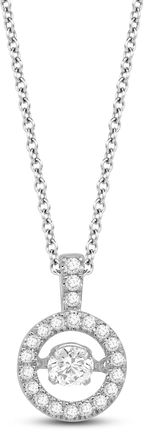 Jewelili Sterling Silver Dancing Lab Grown Diamond Round Pendant Necklace for Women | 1/2 CTTW | 18" Cable Chain | Dancing in Rhythm Circle Halo Pendant |Timeless Jewelry | Gift Box Included