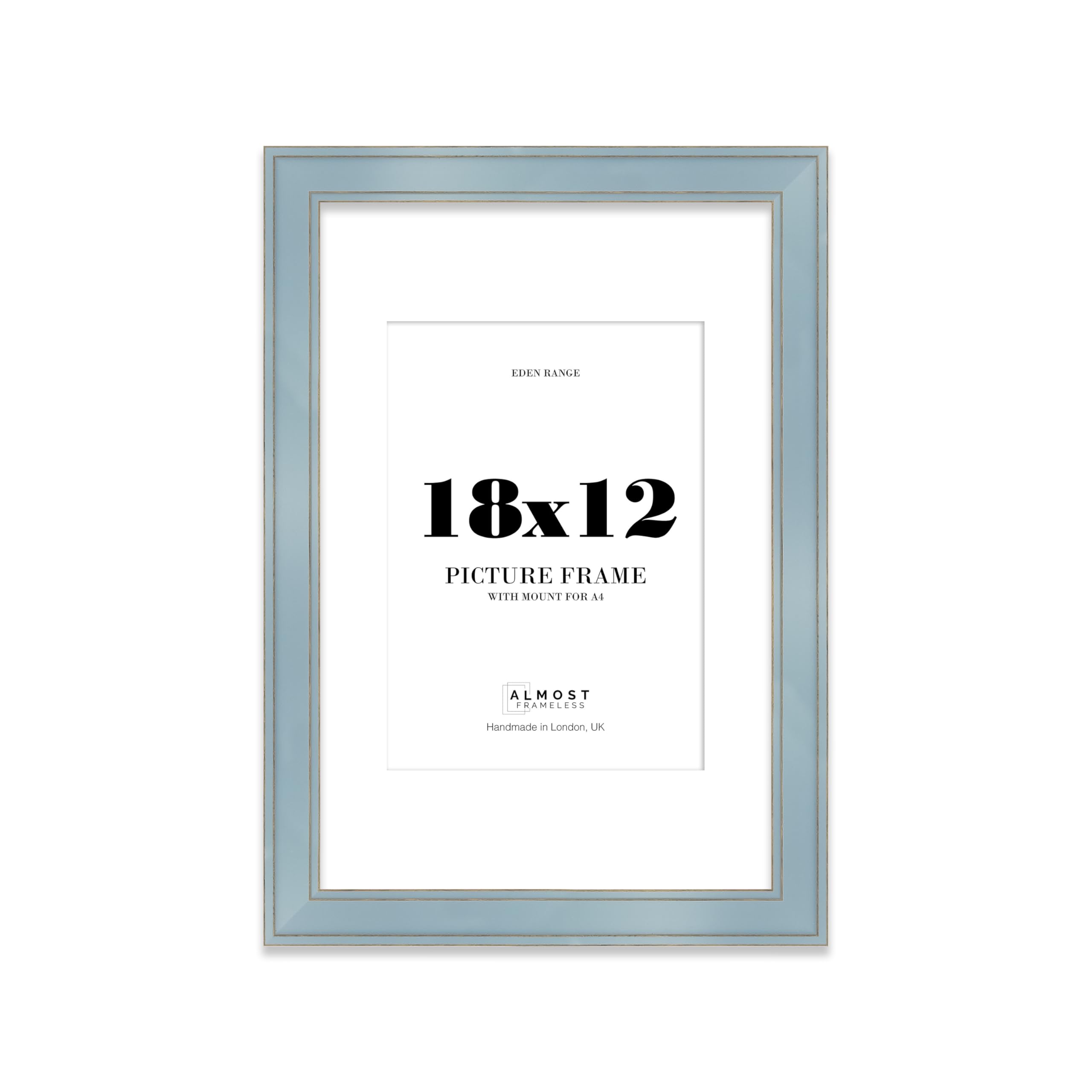 18x12" Cornflower Blue Picture Frame with A4 Mount - Shabby Chic Photo Frame with Distressed Finish, Gold Trim, Wall Hooks, 37mm Edge - 1 Pack