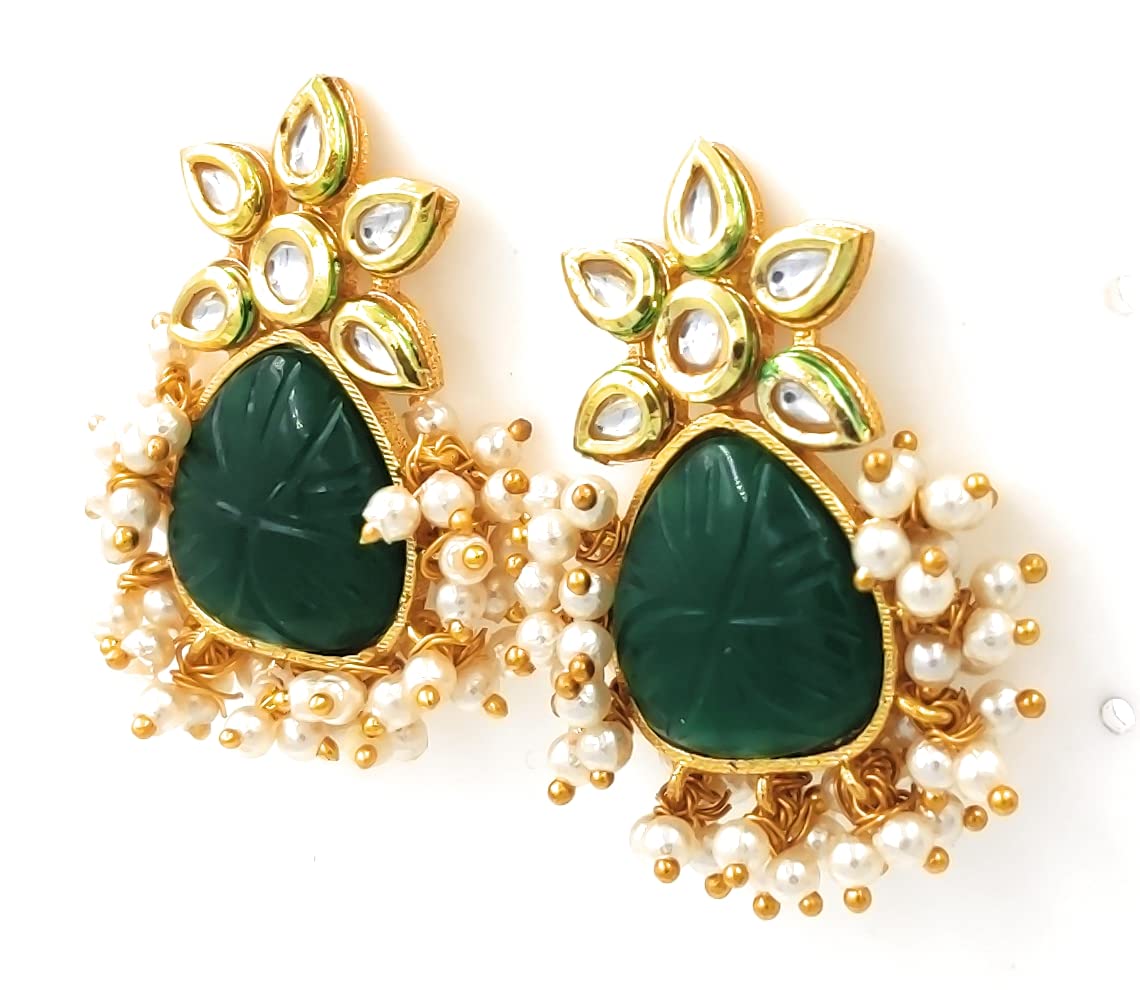 Bella Store Handmade Designer Lotus Golden Kundan Dark Green Color Studs Semi-Precious Stone Pearls Brass Traditional Wedding occasion Stylish Earrings For Women and Girls (B091Z3ZB8H) Amazon Price History, Amazon Price Tracker