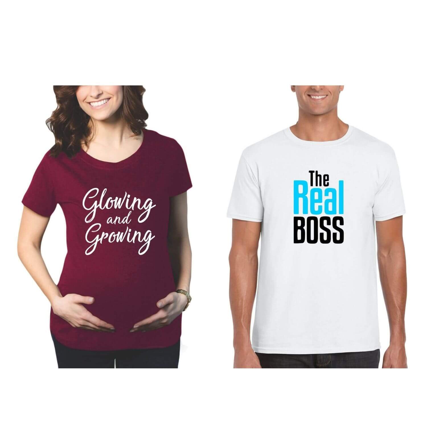 Maternity Couple T-Shirts Combo Pregnancy Announcement Glowing and Growing Mom The Real boss Dad for Men Women Round Neck Half Sleeves-image-33