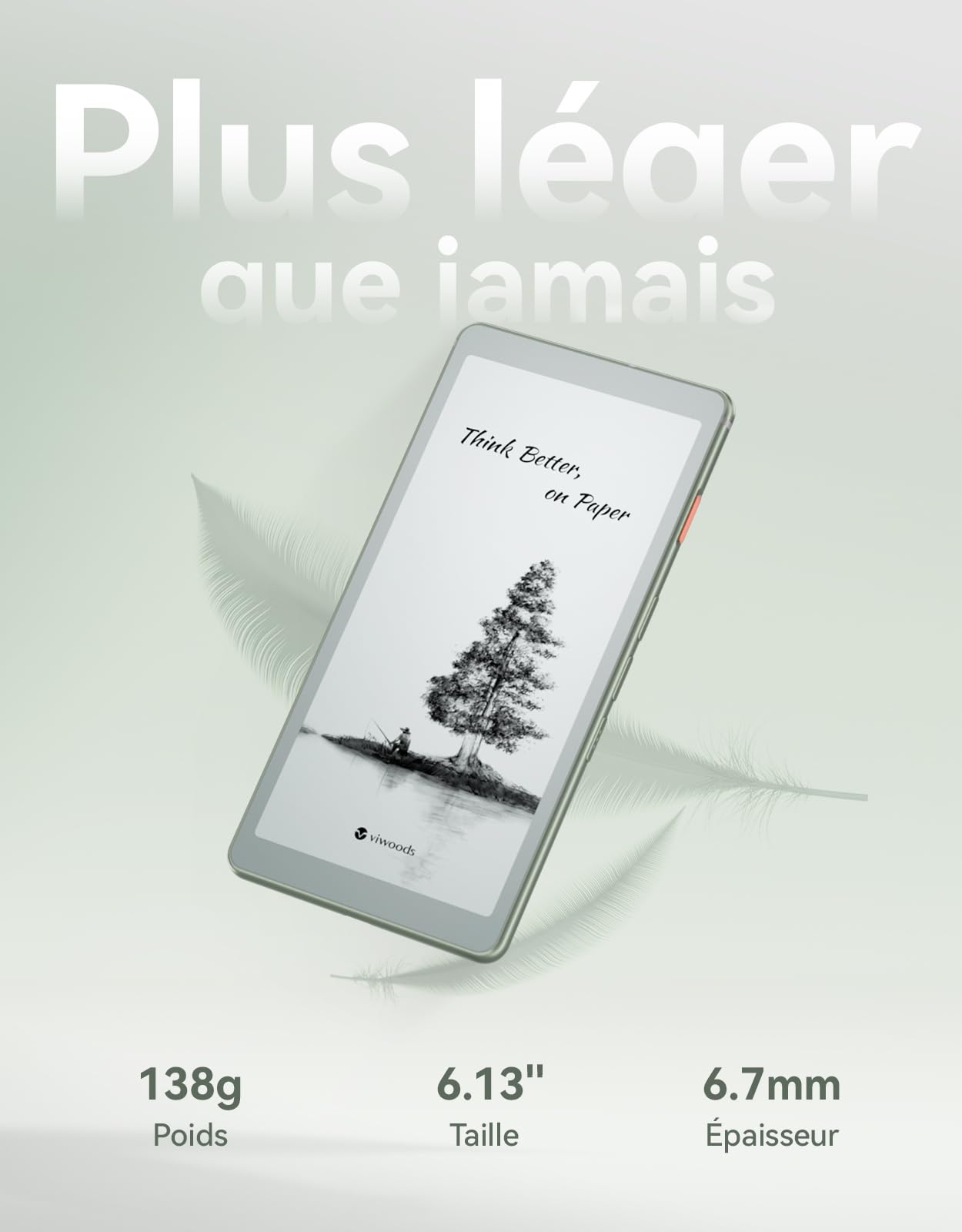 VIWOODS 6,13’’ Carta 1300 AiPaper Reader avec connectivité 4G, liseuse E Ink Ultra-Fine et légère, intégration IA, 300 PPI, lumière Frontale réglable, 128 Go de Stockage