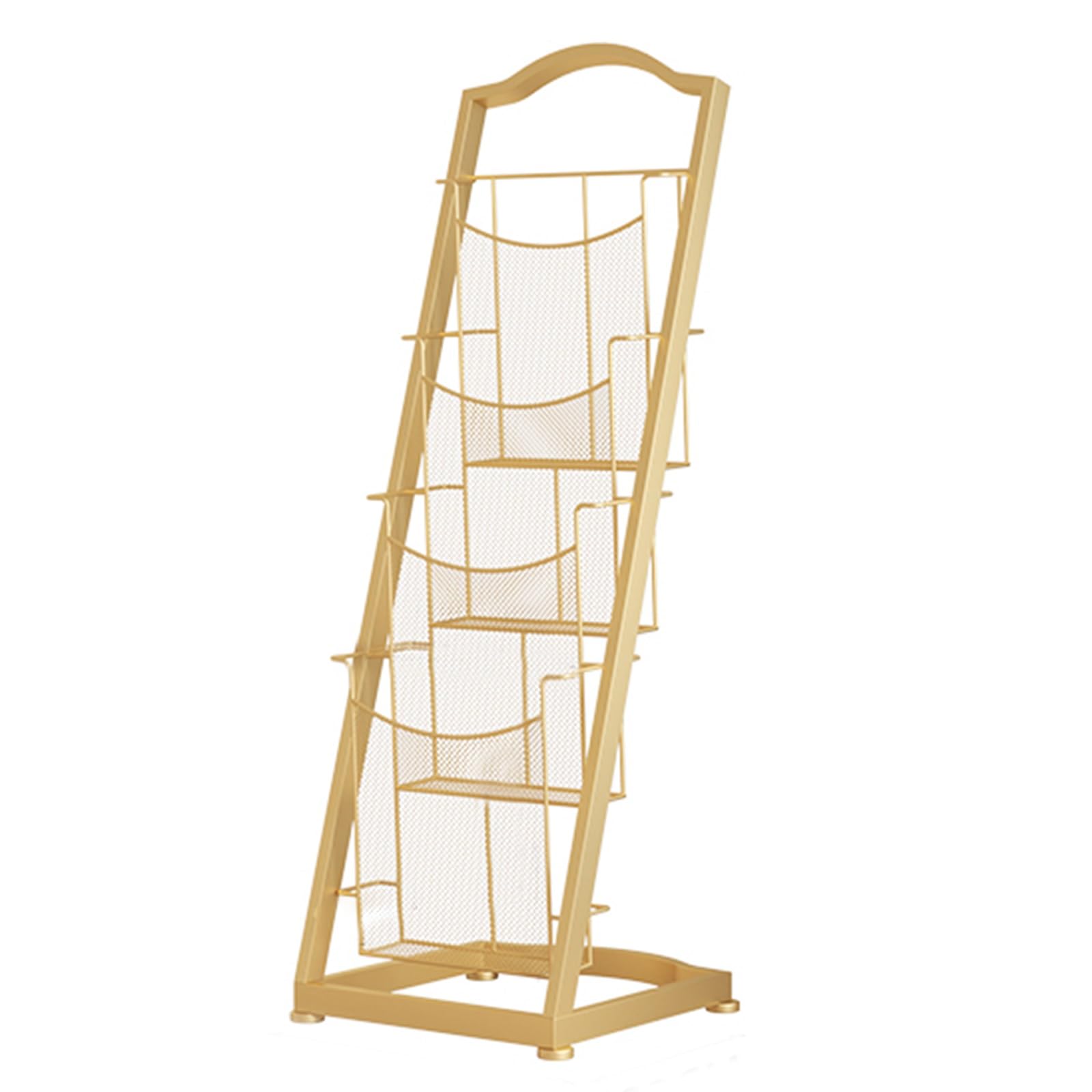 Présentoir à magazines sur pied, haut, à 4 ou 5 niveaux, ouvert, pour journaux et brochures, idéal pour les halls d'entrée, les banques et les bibliothèques. Facile d'accès. Couleur : or. Dimensions