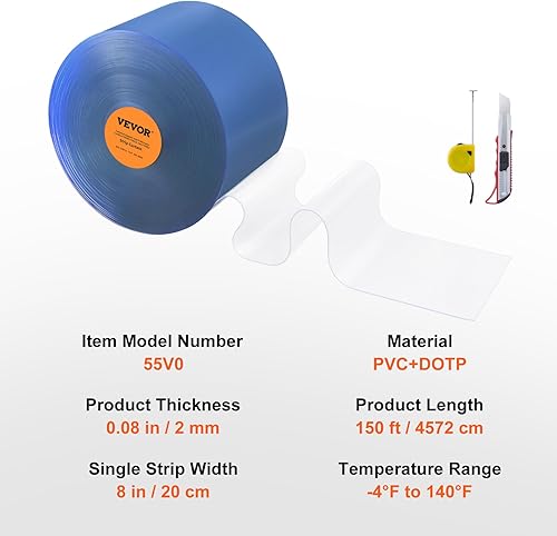 Miniatura 24 de VEVOR Cortina de tiras, 164 pies de largo x 8 pulgadas de ancho x 0.08 pulgadas de grosor, rollo de tira de cortina lisa de PVC transparente