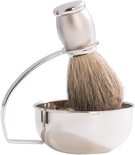 Bey-Berk BB13 Jabonera cromada y con acabado satinado con cepillo de tejón puro, color gris