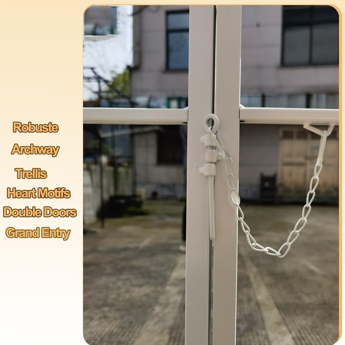 Łuk ogrodowy z podwójną bramą, metalowa pergola, altana różana do użytku na zewnątrz, nadaje się na taras, do ogrodu i na podwórko, różne rośliny pnące, wysokość 210 cm, łatwy montaż, czarno-biały
