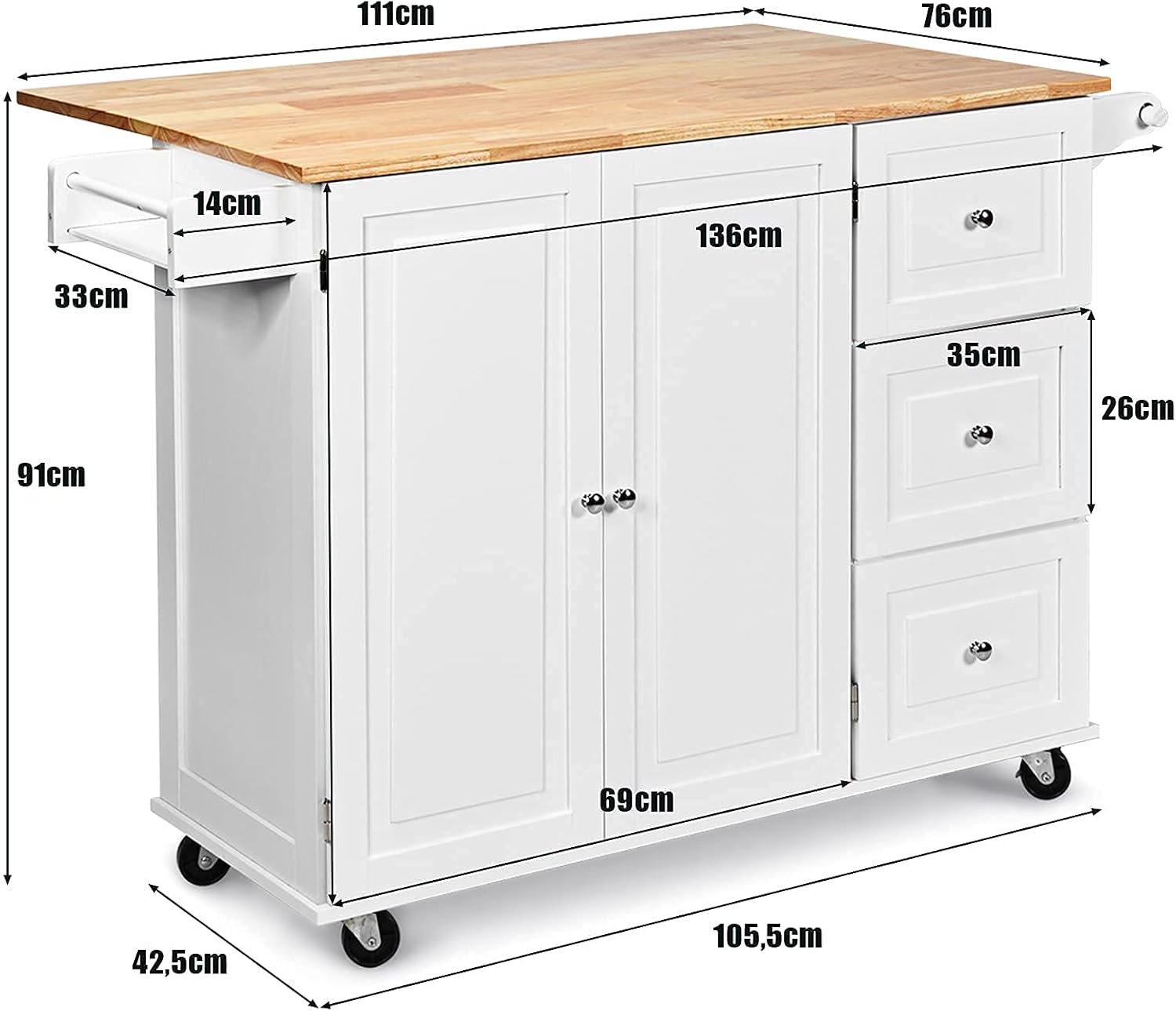 Kitchen Cart on Wheels with 3 Drawers & 3 Adjustable Compartments Foldable Kitchen Island with Spice Rack & Towel Holder White 136x76x91CM
